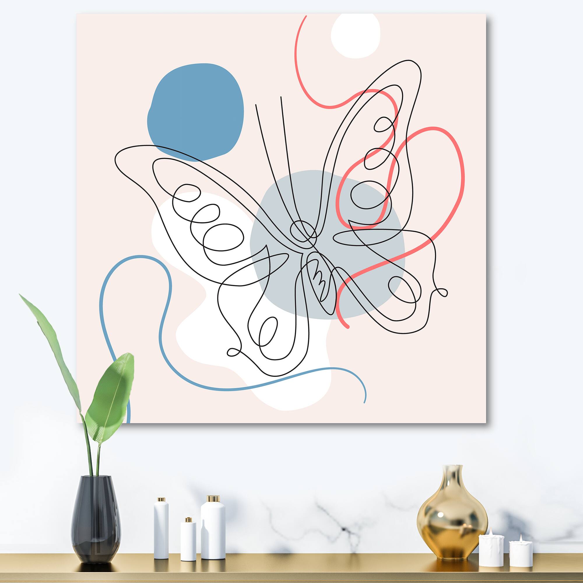 Designart - Butterfly One Line Drawing On Cubism Shapes III - Modern Canvas Wall Art Print